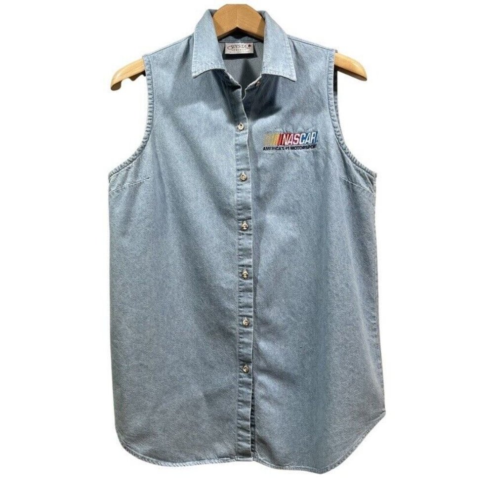 CRYSTAL SPRINGS Women’s NASCAR Sleeveless Denim Button Up Shirt Vest Size L USA